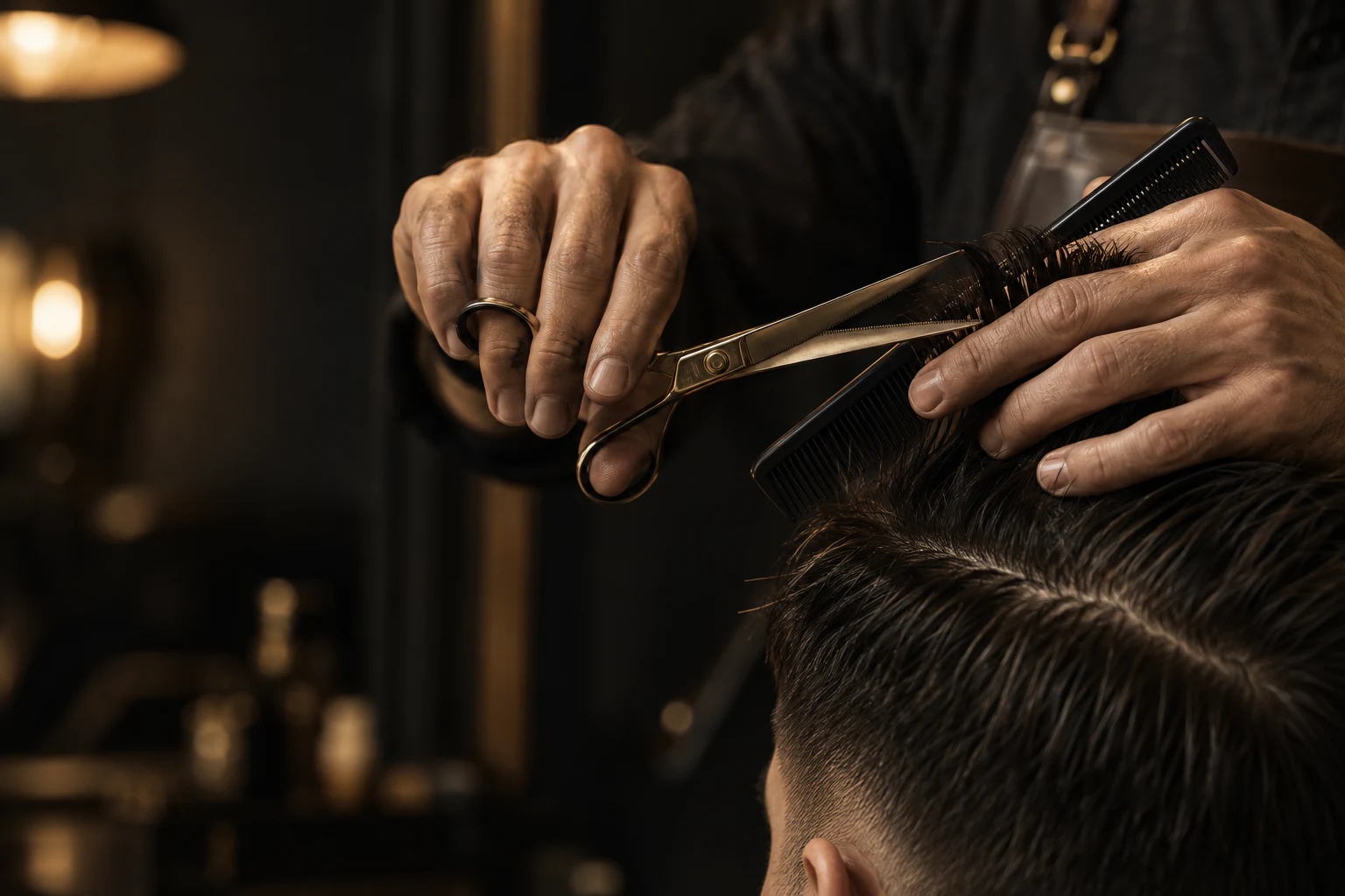 Detailed scissor work during a cut and beard ritual