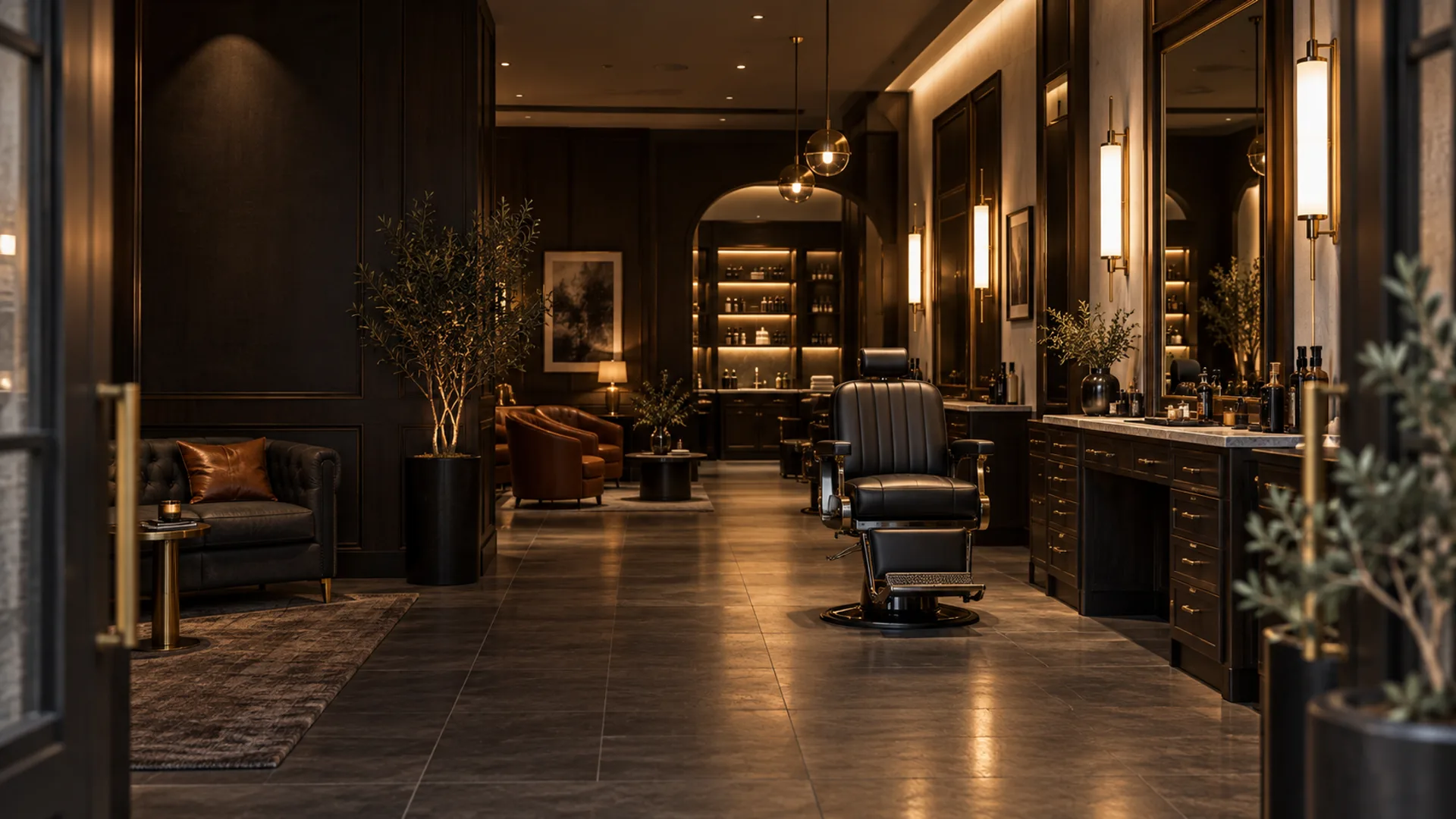 Dark Atelier Noir salon interior with a leather barber chair