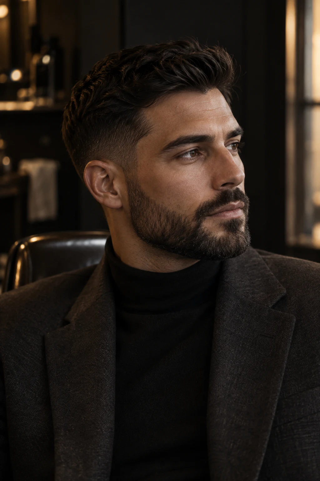 Portrait showing a carefully shaped beard and refined hair styling