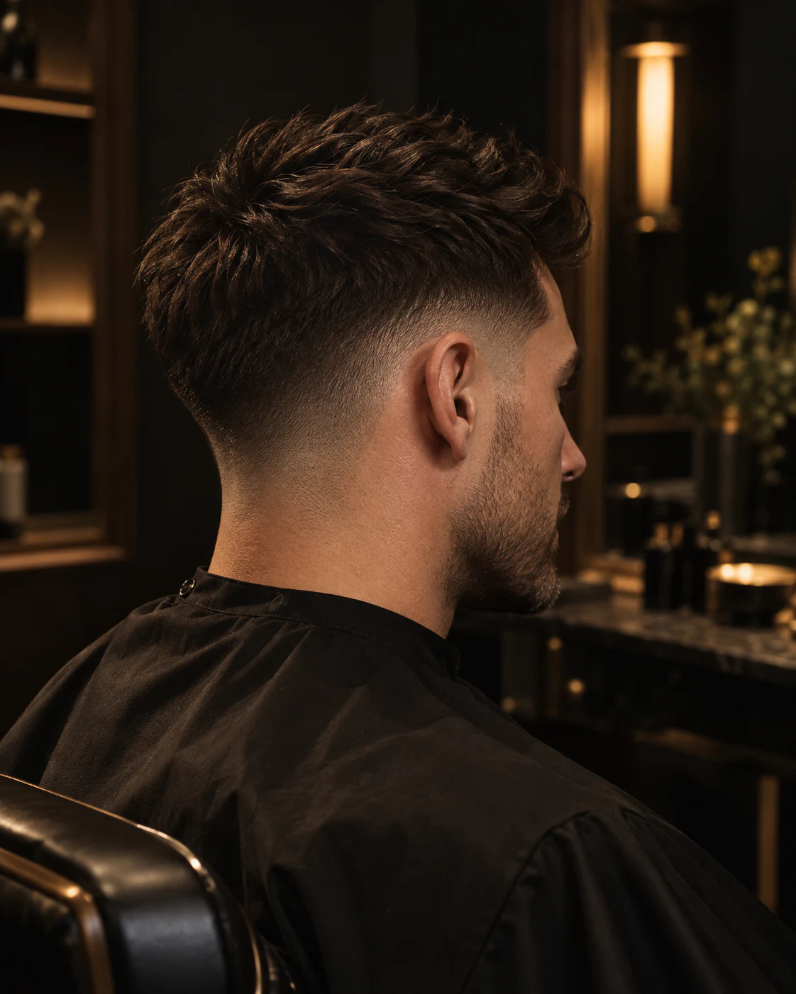 Close profile showing a precise taper fade and textured haircut